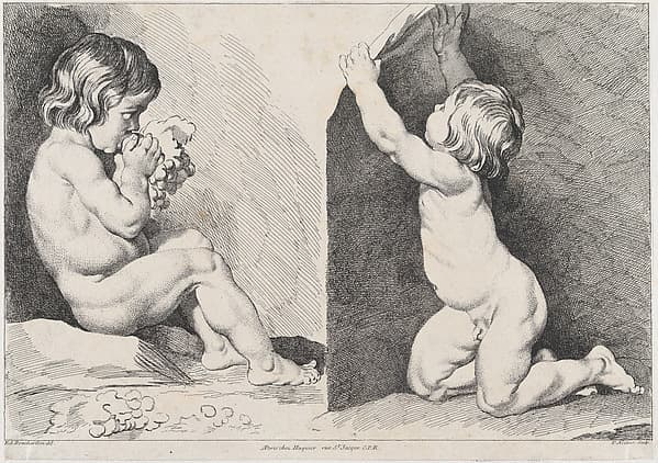 Two nude children eating grapes; from New Book of Children