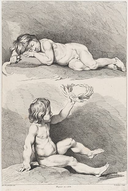 Two nude children, one sleeping and the other holding a wreath, from New Book of Children