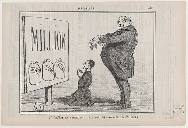 Mr. Prudhomme vouant son fils au...nouveau dieu..., from Actualitès, published in Le Charivari, February 2, 1857