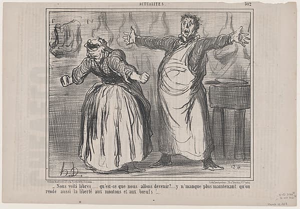 Nous voilà libres...qu'est-ce que nous allons devenir?, from Actualités, published in Le Charivari, March 16, 1858