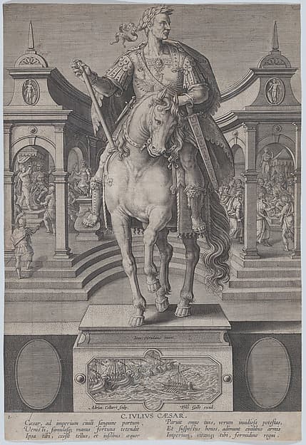 Plate 1: equestrian statue of Julius Caesar, seen from the front, with a scene of a naval battle on pedestal below, from 'Roman Emperors on Horseback'