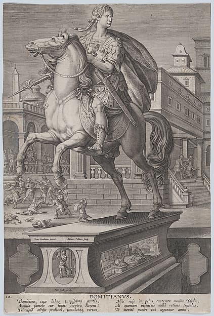 Plate 12: equestrian statue of Domitian, seen three-quarters to the left, with his stabbing death at right in the background, from 'Roman Emperors on Horseback'