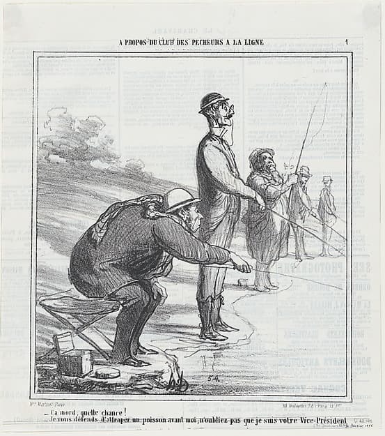 –A bite, what luck! –I forbid you to catch a fish before I do, don't forget, I am your Vice-President!, from 'The fishing club,' published in Le Charivari, January 31, 1866