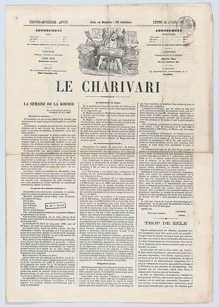 Le Charivari newspaper, April 12, 1869: Will he be God, a table, or a basin?, from 'News of the day'