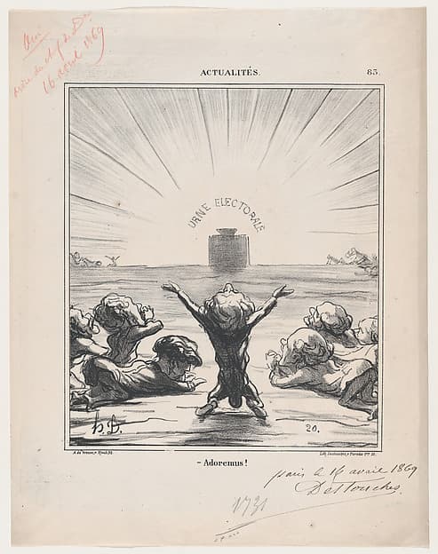 We worship you, beloved voter, from 'News of the day,' published in Le Charivari, May 5, 1869