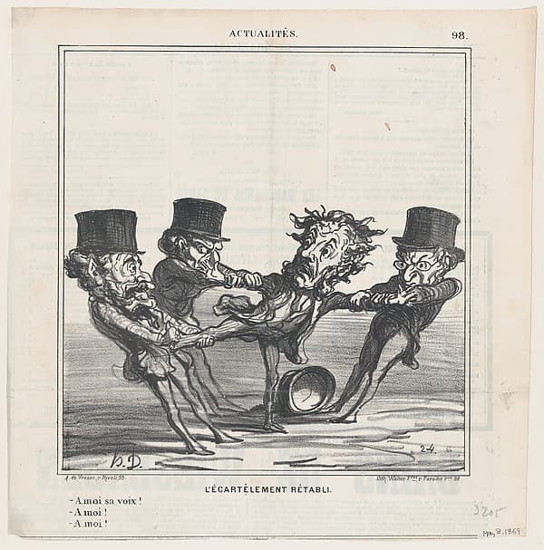 The quartering reinstated: Give me your vote! To me! No, to me!, from 'News of the day,' published in Le Charivari, May 8, 1869