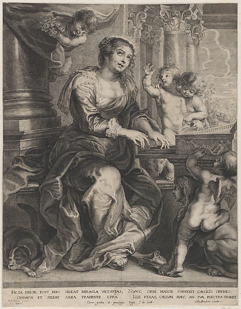 Saint Cecilia playing the organ surrounded by putti