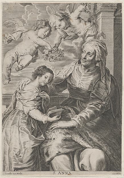 The education of the Virgin, with Saint Anne and the Virgin Mary reading with two putti overhead and Saint Joachim behind them at left