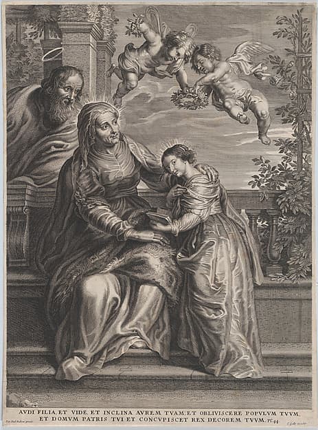 The education of the Virgin, with Saint Anne and the Virgin Mary reading with two putti overhead and Saint Joachim behind them at left