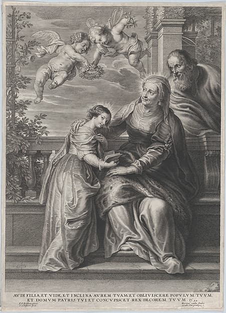 The education of the Virgin, with Saint Anne and the Virgin Mary reading with two putti overhead and Saint Joachim behind them at right