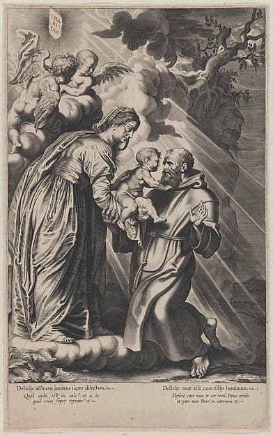 The Vision of Saint Francis, kneeling at right, receiving the Christ child from the Virgin Mary