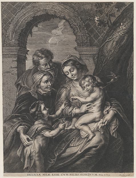 The Holy Family with Saint Elizabeth and the infant Saint John the Baptist, holding a bird on a string