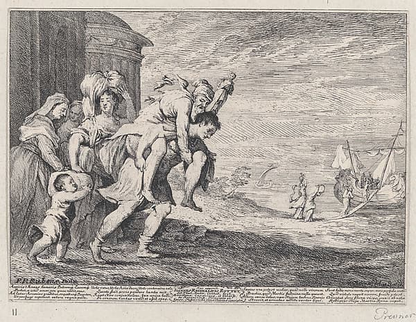 Aeneas fleeing Troy, with a group of six figures leaving the city at left, Aeneas carrying his father Anchises on his back, followed by his wife Creusa and his son Ascanius, two servants at far left