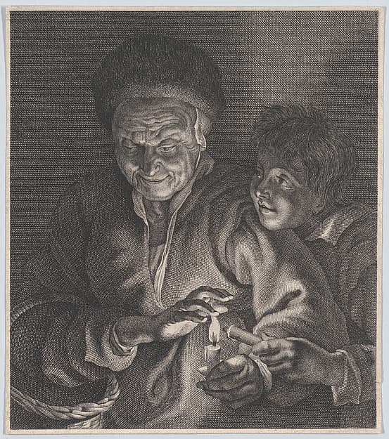 Old woman and a boy with candles