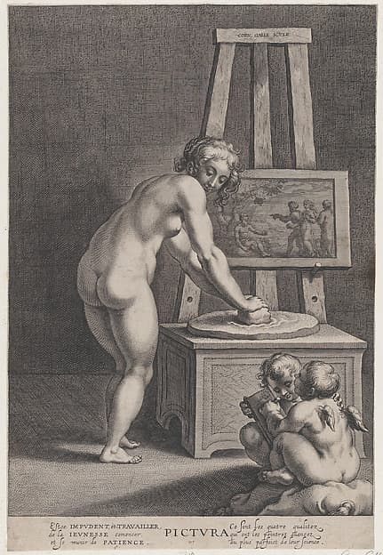 Pictura: allegory of painting, with a nude woman at center grinding pigments, two putti drawing at lower right