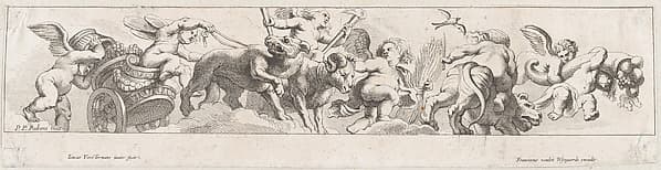 Frieze with putti, some riding a chariot pulled by animals, others riding animals and holding garlands