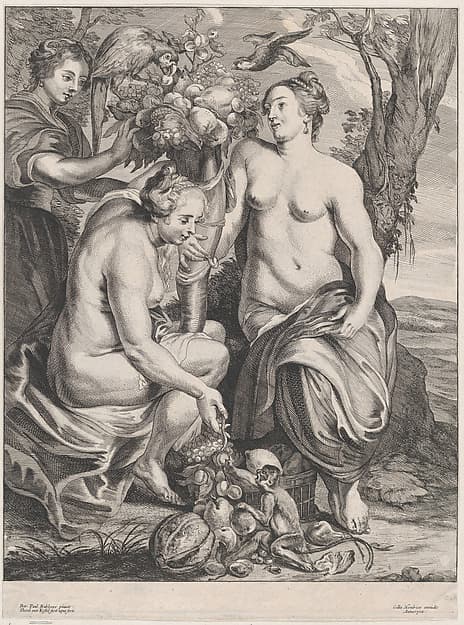 Allegory of abundance: Ceres holding a cornucopia at right and Pomona at left feeding fruit to a monkey