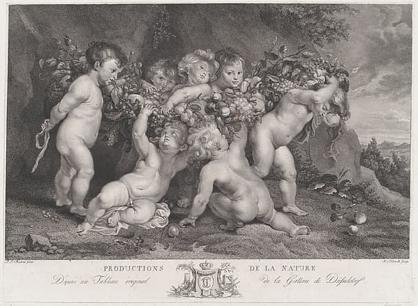 Seven putti carrying a garland of fruit