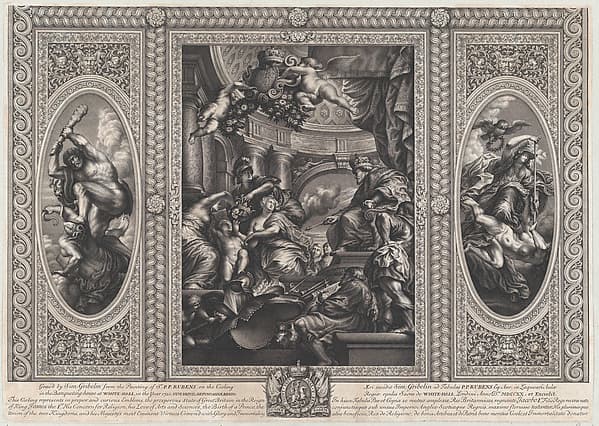 An allegorical scene showing the benefits of James' reign at center, Wise Government trampling Rebellion at right, and Liberty trampling Avarice at left