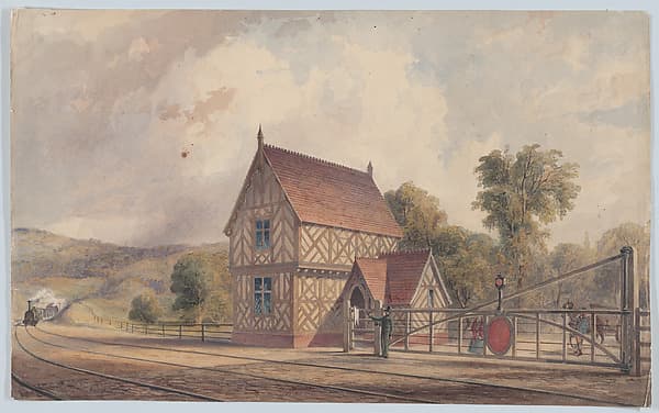 Tudor Style Rural Train Station and Railroad Crossing