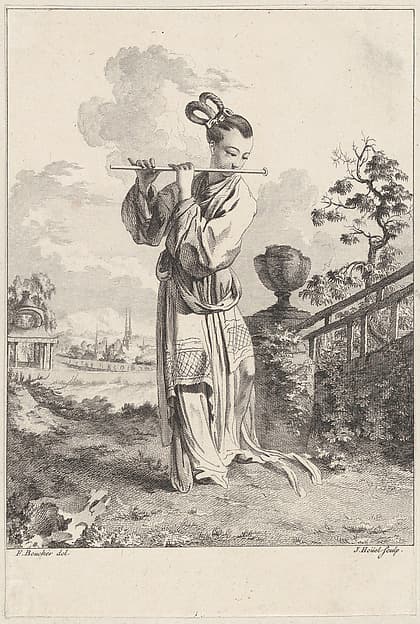 Chinoiserie with a woman playing a flute, from Suite de Figures Chinoises. . .Tiré du Cabinet de Mr. d'Azaincourt (Series of Chinoiserie Figures. . .From the Chambers of Mr. d'Azaincourt)