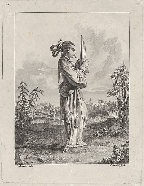 Chinoiserie with a woman playing the mouth organ, from Suite de Figures Chinoises. . .Tiré du Cabinet de Mr. d'Azaincourt (Series of Chinoiserie Figures. . .From the Chambers of Mr. d'Azaincourt), plate 3