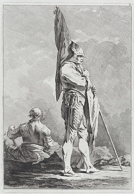 Two Soldiers, One Standing Holding a Flag, One Seated Seen from Behind
