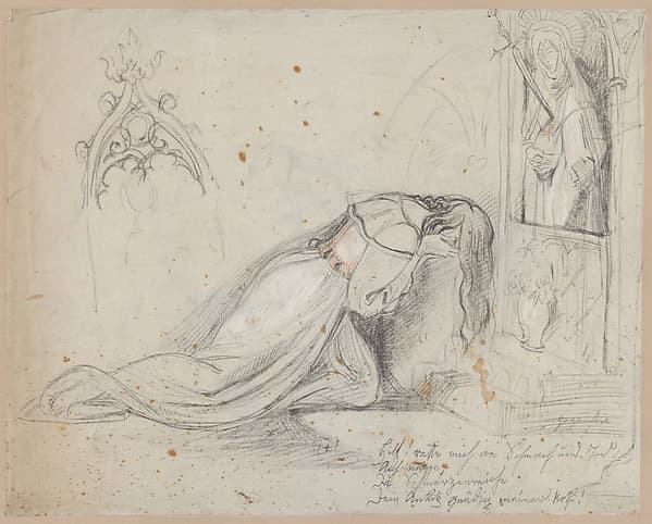 Gretchen in Prayer before a Statue of the Mater Dolorosa (recto); Studies of a Woman and Man's Head (verso)