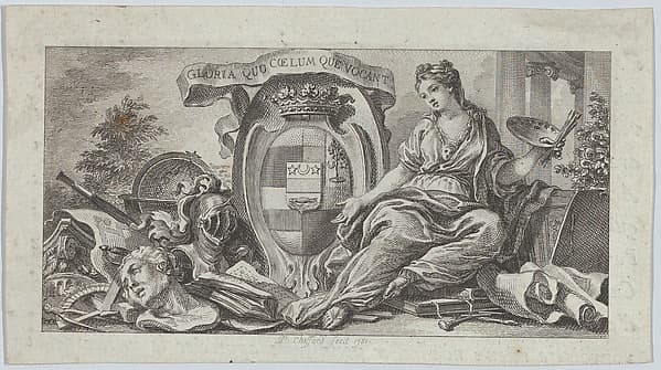 Vignette with shield of arms and an allegory for the Arts at right