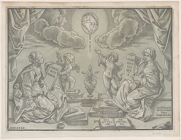 Allegory of a thesis, two women hold inscribed tablets