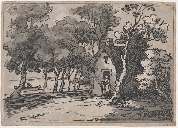 Wooded Scene With Figures at the Door of a Cottage