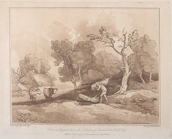 Landscape with a Figure Carrying a Bundle of Branches, a Copice Behind, Two Cows in a Field at Left