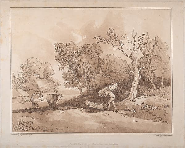 Landscape with a Figure Carrying a Bundle of Branches, a Copice Behind, Two Cows in a Field at Left