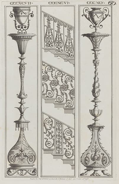 Candelabra Designs and Stair Railing Designs, nos. CCCXCV–CCCXCVII and 398–400, plate 60 from "Designs for Various Ornaments"