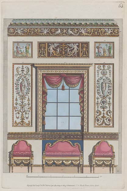 Interior Ornamented Wall with Window and Furniture, nos. 411–424, plate 64 from "Designs for Various Ornaments"