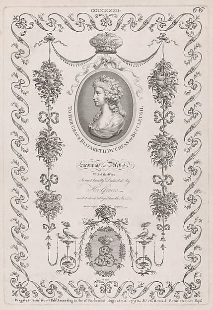 Portrait of the Duchess of Buccleugh and Ornament, nos. CCCCXXXII, 433, 435, plate 66 from "Designs for Various Ornaments"