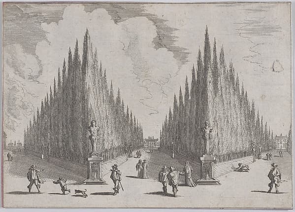 Three alleés separated by two groups of trees in pointed configurations, from 'Views of Gardens' (Vedute de' Giardini)