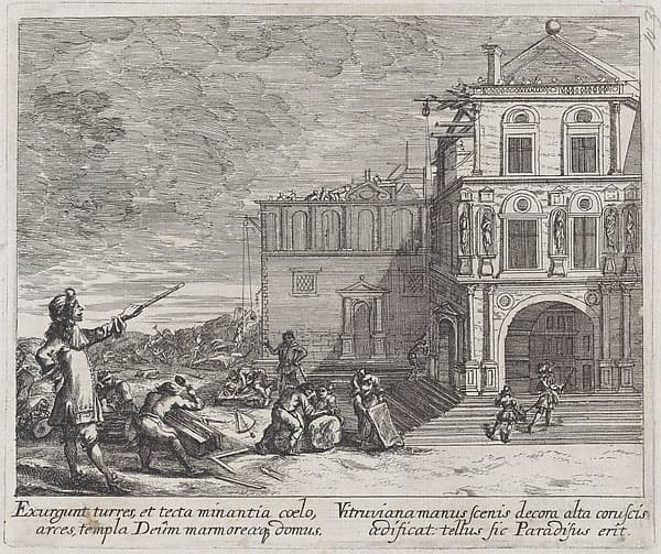 Scene showing the construction of a building