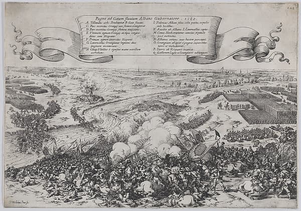 Battle scene: forces led by William of Orange crossing the Gete River to attack the Duke of Alba's army, from 'De Bello Belgico'