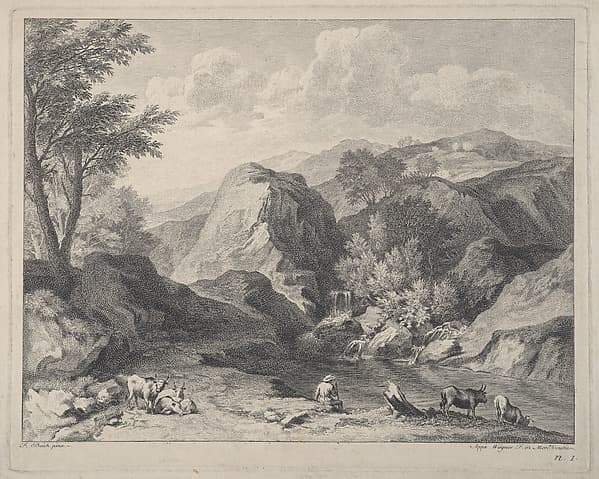 Mountainous landscape with herdsmen and cows