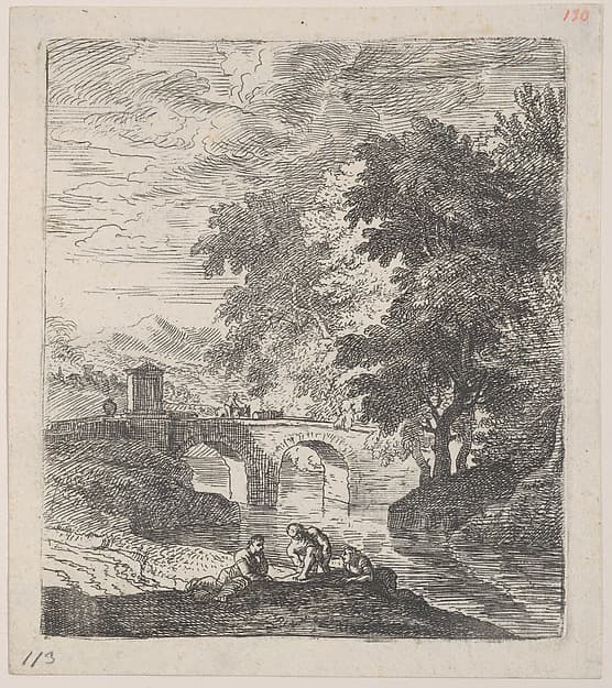 Plate 6: the stone bridge: a shepherd with two cows crossing the bridge, three male figures resting on the riverbank in the foreground, from 'Landscapes in the manner of Gaspar Dughet'