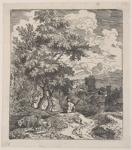 Plate 3: a shepherd seated on a hill, a cow and two sheep at left, and a town in right background, from 'Landscapes in the manner of Gaspar Dughet'