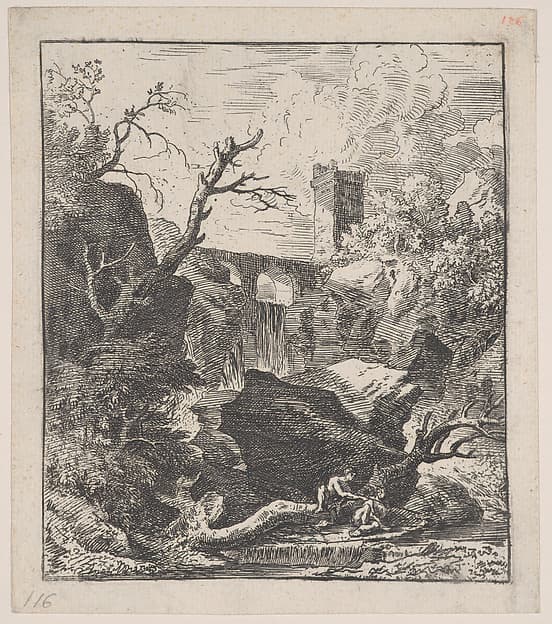 Plate 2: two figures sitting on a tree trunk on the bank of a stream in foreground, an aqueduct and tower in the background, from 'Landscapes in the manner of Gaspar Dughet'