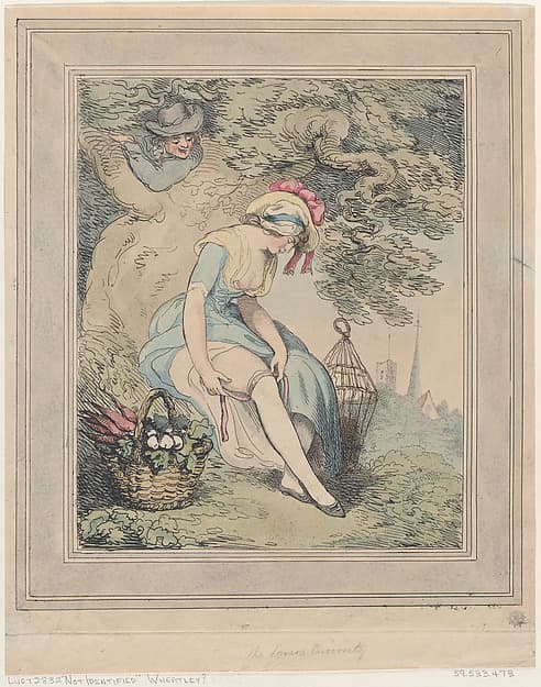 Girl with a Basket and Birdcage Adjusting Her Garter
