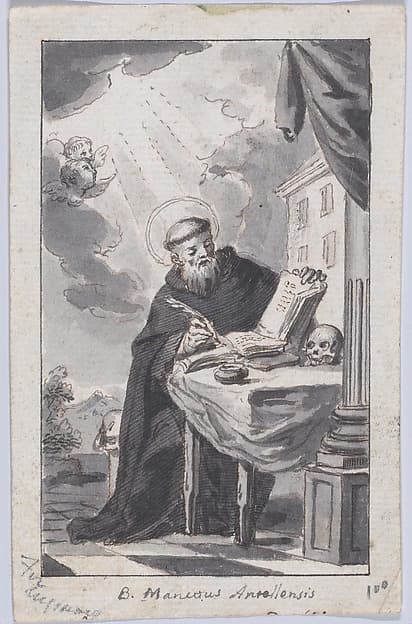 Saint Benedetto dell’Antella seated and writing in a book