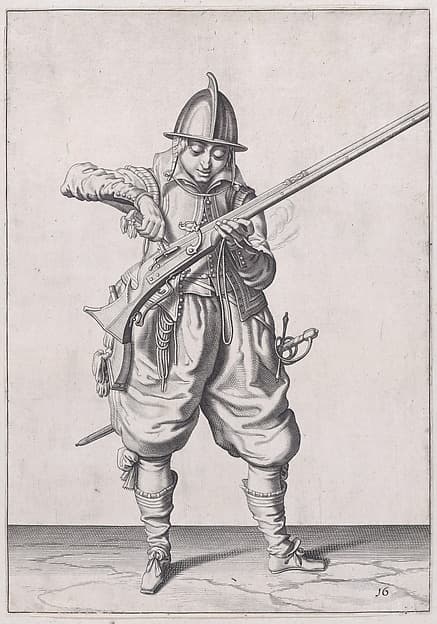 A soldier pouring powder into the pan, from the Marksmen series, plate 16, in Waffenhandlung von den Rören Musquetten undt Spiessen / Wapenhandelinghe van Roers Musquetten ende Spiessen (The Exercise of Arms)