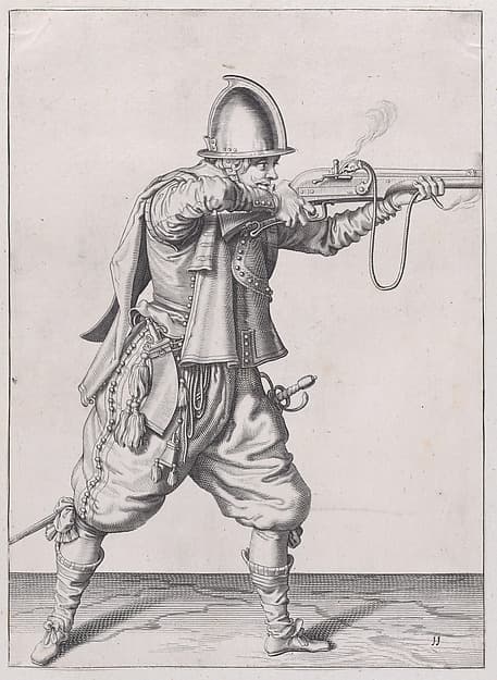 A soldier taking aim, from the Marksmen series, plate 11, in Waffenhandlung von den Rören Musquetten undt Spiessen / Wapenhandelinghe van Roers Musquetten ende Spiessen (The Exercise of Arms)