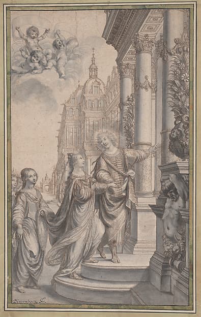 Design for a Frontispiece: A Man Guiding a Crowned Woman and her Attendants to the Entrance of a Palace