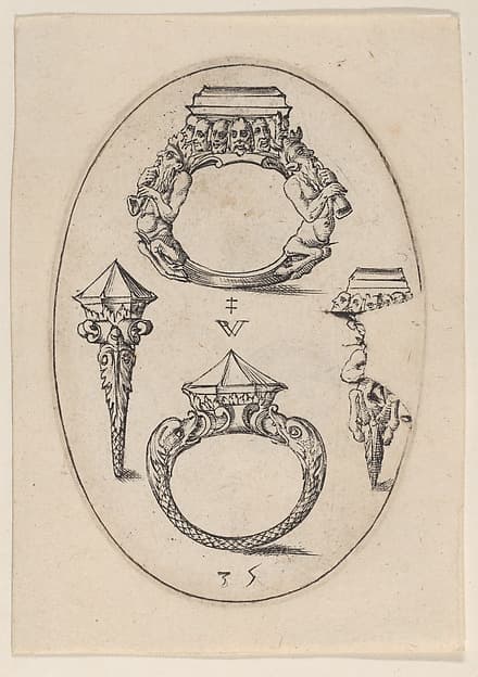 Designs for Four Rings, Plate 35 from 'Livre d'Aneaux d'Orfevrerie'