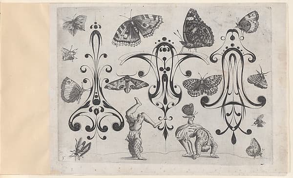 Blackwork Designs with Acrobats, Butterflies and Other Insects, Plate 3 from a Series of Blackwork Ornaments combined with Figures, Birds, Animals and Flowers